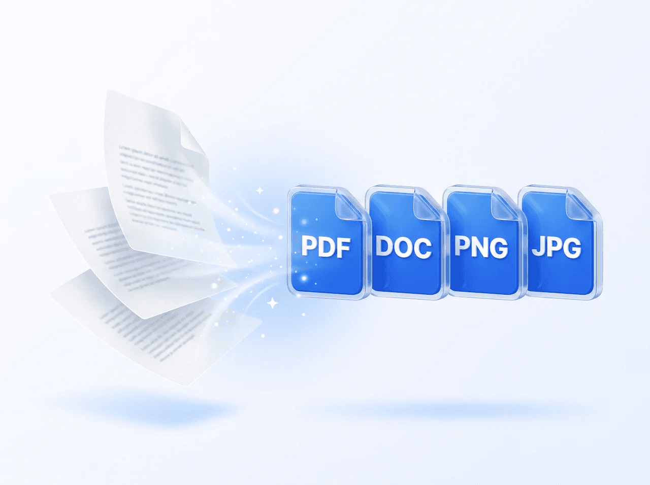 Paper pages turning into PDF, DOC, PNG and JPG files
