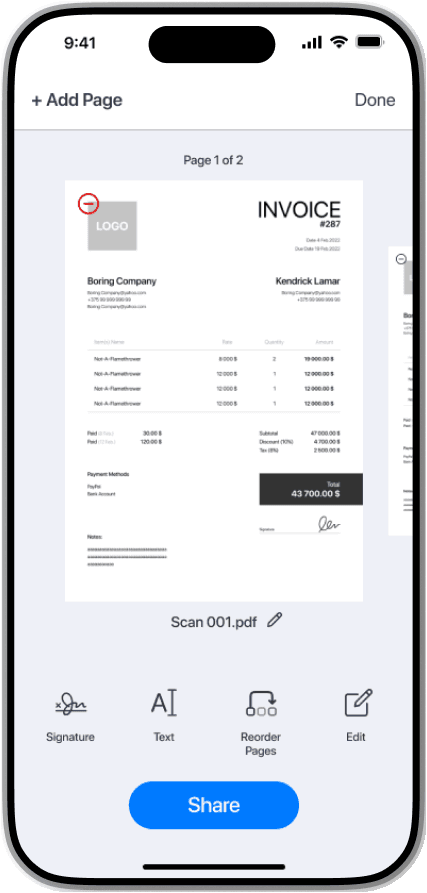 A scanned invoice ready to sign, edit and share